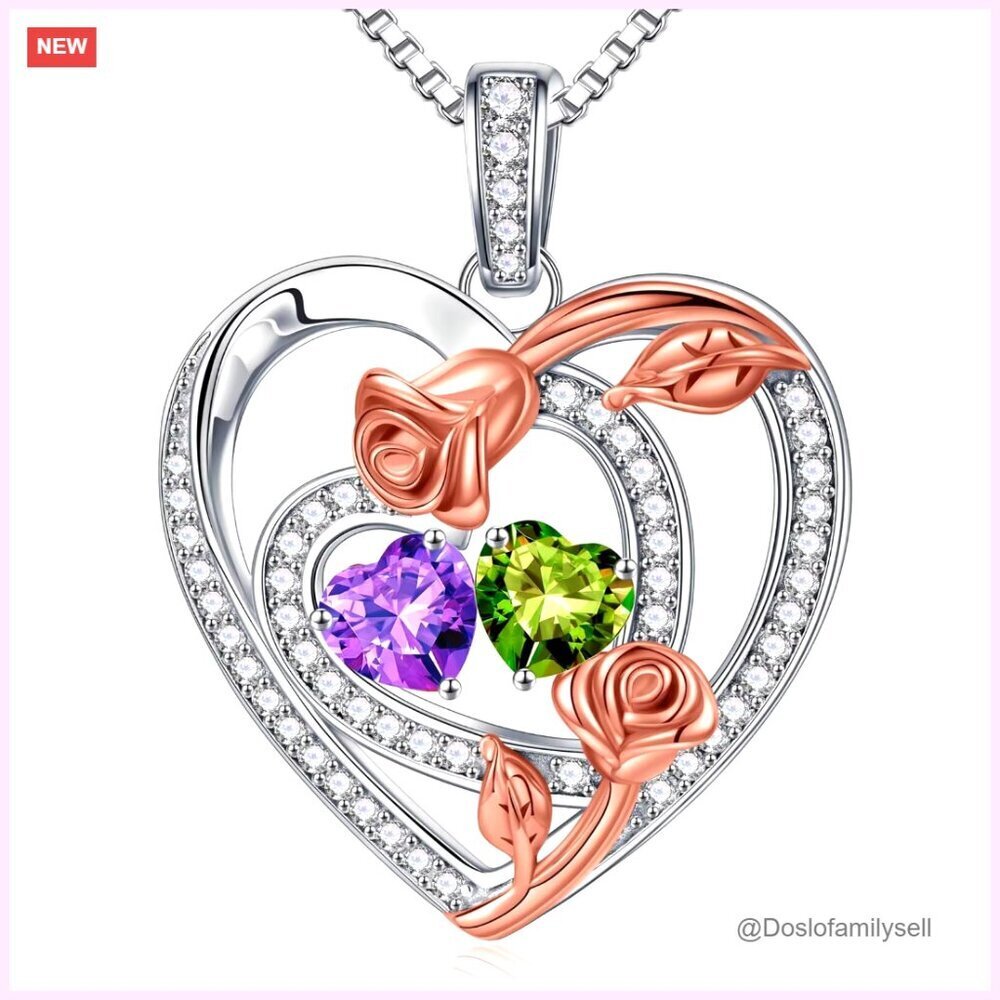 Sterling Silver Double Birthstone Pendant Necklace Elegant Anniversary Gift